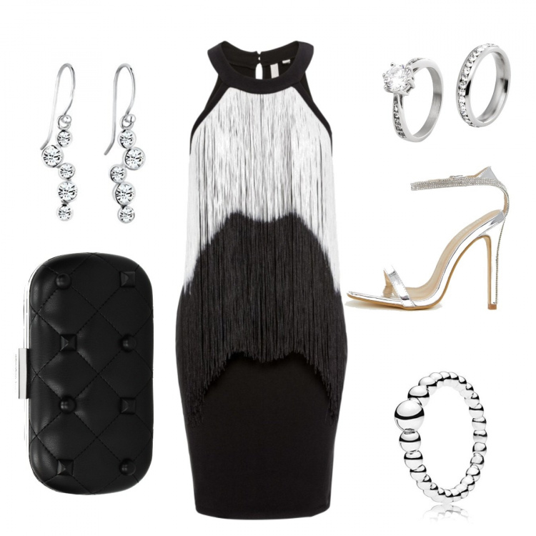 Outfit donna - Una serata speciale.... Stile Sexy per Serata fuori. Abbinamento con borse a secchiello, anelli, pochette, anelli, sandali con strass e cinturino nudo e argento, orecchini.