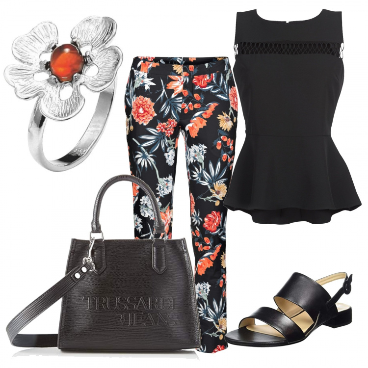 Outfit donna - Fiori...in ufficio 2. Stile Bon Ton per Ufficio. Abbinamento con pantaloni, camicetta nero, borsa a mano nero, sandali, anello in argento 925.