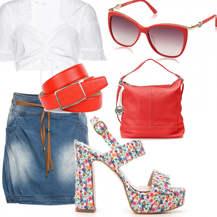 Outfit donna - Sweet day. Stile Bon Ton per Tutti i giorni. Abbinamento con minigonne, camicie, sandali, shopping bag rosso, occhiali da sole, cinture.