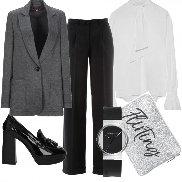 Outfit donna - In riunione #mondaystyle. Stile Trendy per Ufficio. Abbinamento con pantaloni, giacca, borsa da lavoro cartella con ricamo taglia media con zip interno foderato tinta unita, bluse, décolleté, orologi analogici.