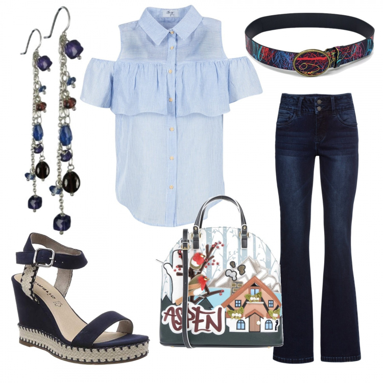 Outfit donna - Monday style - Un lunedì trendy. Stile Trendy per Ufficio. Abbinamento con jeans bootcut, borsa a mano con strass e stampa taglia media con zip interno foderato in pelle sintetica fondo con piedini, camicetta blu, cintura blu, sandali con cinturino navy, orecchini.