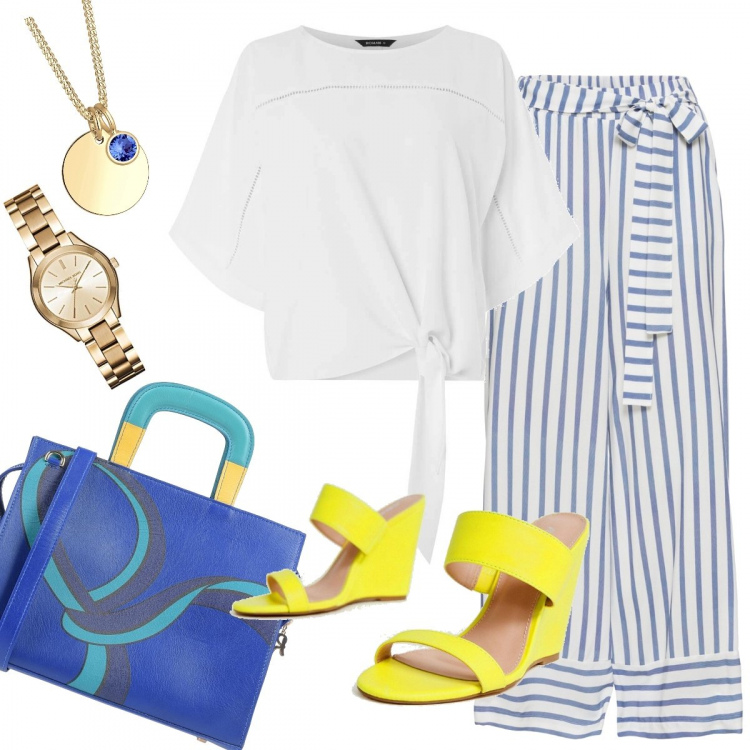 Outfit donna - Summer monday style. Stile Trendy per Ufficio. Abbinamento con borsa fantasia multicolore taglia media con zip interno foderato con tracolla removibile, reggiseni, camicia a maniche corte con punta tonda tinta unita avorio, sandali con zeppe giallo, orologio analogico con cinturino in acciaio inox, collane.