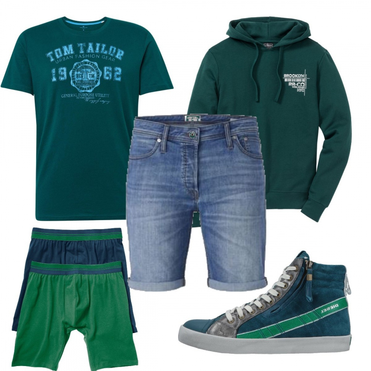 Outfit uomo - Sportivo evergreen. Stile Casual per Tutti i giorni. Abbinamento con slip e boxer a righe blu, felpa con stampa e cappuccio verde, sneakers tennis senza tacco con zip e punta tonda tinta unita, bermuda in denim con bottoni blu, t-shirt verde.