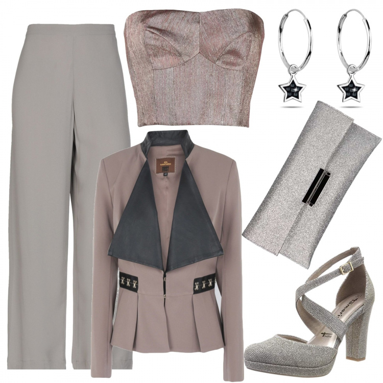 Outfit donna - "Co-ords" per una super serata. Stile Trendy per Serata fuori. Abbinamento con giacca collo con revers a maniche lunghe interno foderato tinta unita, top fantasia effetto laminato scollatura profonda senza maniche con fasce, pantalone lungo, shopping bag, scarpe con cinturino argento, orecchini.