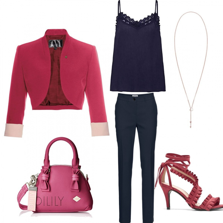 Outfit donna - Trendy monday style. Stile Bon Ton per Ufficio. Abbinamento con pantaloni, bolero contrasto collo a scialle rosso, sandali con ruches rosa, top con pizzo e fasce, borsa a mano cartella rosa, collana effetto lucido oro.
