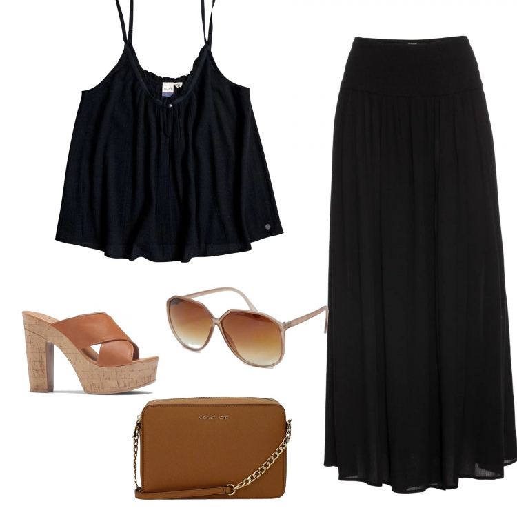 Outfit donna - Co-ords. Stile Etnico Abbinamento con gonne, maglieria, borsa a tracolla con logo frontale marrone, top nero, occhiali da sole oversize petite lenti colorate stanghette sottili protezione dai raggi.