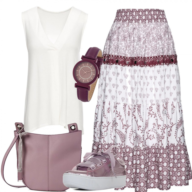Outfit donna - Rientro in gonna etnica. Stile Trendy per Ufficio. Abbinamento con top, gonne, orologio con strass e cinturino in pelle sintetica viola, scarpe viola, borsa tote nero.