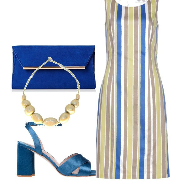 Outfit donna - Ultimo week end al mare. Stile Bon Ton per Serata fuori. look ideale per Tall. Abbinamento con sandali col tacco, vestito a tubino con spacco e zip bianco, collana oro, clutch.