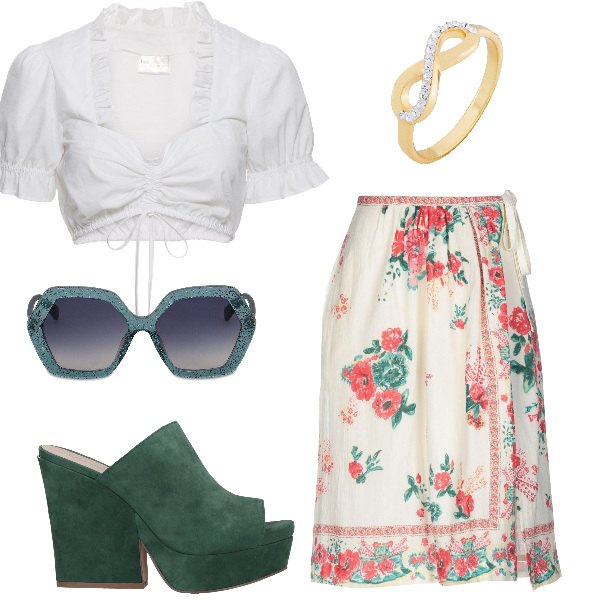 Outfit donna - Infinito. Stile Sexy per Tutti i giorni. Abbinamento con camicie, anelli, sandali pelle effetto scamosciato con tacco squadrato e punta tonda tinta unita, gonna longuette a trapezio fantasia floreale con laccetti interno sfoderato in cotone vestibilità ampia, occhiali da sole.