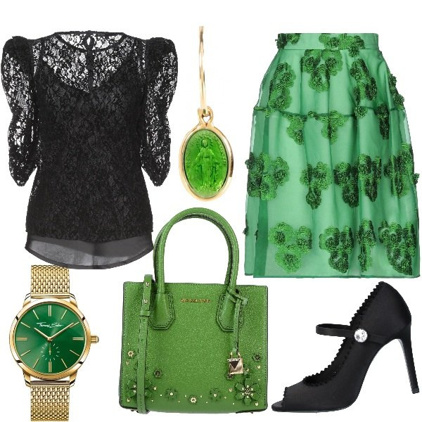 Outfit donna - La manica a palloncino. Stile Chic per Ufficio. Abbinamento con blusa con pizzo e ruches collo tondo in velluto senza tasche tinta unita, gonne longuette, borse a mano, orecchini a scatto oro e argento, décolleté, orologi.