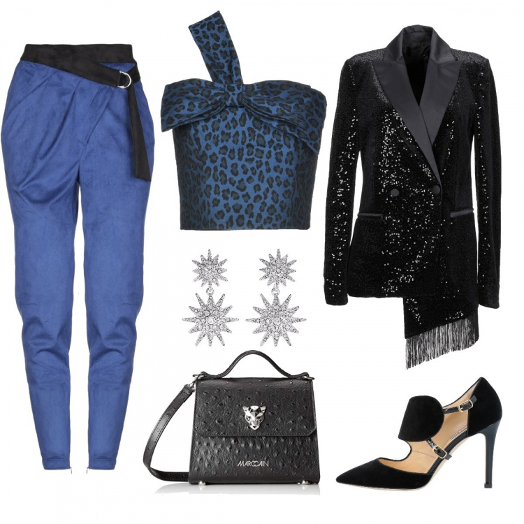 Outfit donna - L\'eccentrica sorella dello sposo co-ords. Stile Sexy per Cerimonia. Abbinamento con giacca doppiopetto senza tasche con paillettes collo con revers a maniche lunghe interno foderato in raso tinta unita, pantalone effetto scamosciato tinta unita, décolleté petite con fibbia a punta in velluto tinta unita, top con fiocco monospalla fantasia scollatura profonda con zip senza tasche twill, orecchini con strass e farfallina, borsa a mano.