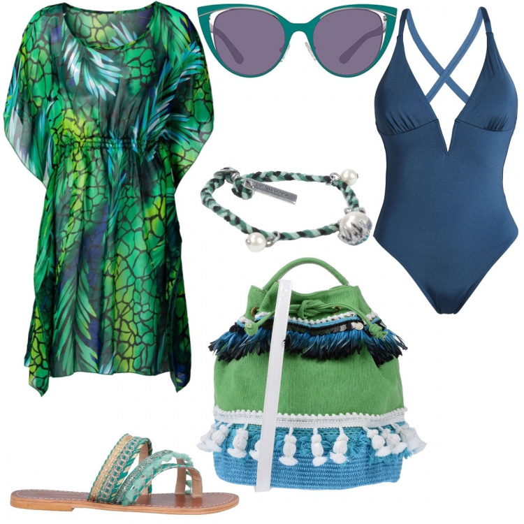 Outfit donna - Fondo Marino #Foresta tropicale. Stile Etnico per Mare. Abbinamento con vestiti da spiaggia, costume intero con arricciature jersey, borsa a mano secchiello con manico contrasto taglia media interno foderato tinta unita, infradito contrasto effetto laminato senza tacco con punta tonda, braccialetti, occhiali da sole verde.
