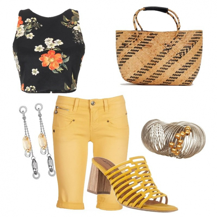 Outfit donna - Co-ords. Stile Basic per Tutti i giorni. Abbinamento con top fantasia floreale collo tondo senza maniche con zip jersey, shorts giallo, bracciale mini argento, ciabatte, vestito lungo in paglia, orecchini farfallina in acciaio inox multicolore.