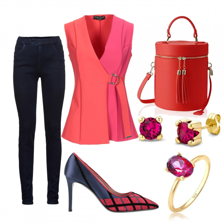 Outfit donna - Fuxia&Rosso. Stile Trendy per Tutti i giorni. look ideale per Tall. Abbinamento con reggiseni, top fantasia collo a v senza maniche con fibbia interno sfoderato jersey, décolleté fantasia geometrica effetto scamosciato a punta in velluto, borse a spalla, orecchini in oro giallo certificato autenticità rosso, anelli.