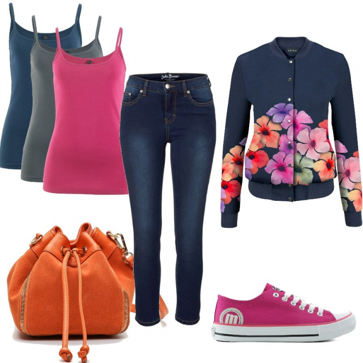 Outfit donna - Color block. Stile Trendy per Tutti i giorni. Abbinamento con top sportivi, giubbotto a coste con bottoni blu, jeans, sneakers, borsa a tracolla secchiello con tracolla regolabile arancione.