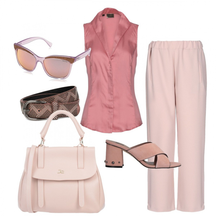 Outfit donna - La vie en rose. Stile Bon Ton per Tutti i giorni. Abbinamento con jeans, borsa mini con manico in pelle martellata interno foderato tinta unita, sandali, pantalone vita alta crêpe, occhiali da sole viola, cinture.