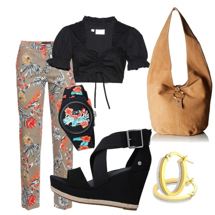 Outfit donna - Pomeriggio in città. Stile Urban per Tutti i giorni. Abbinamento con pantaloni, camicetta, sandali con zeppe effetto scamosciato con fibbia interno foderato con punta tonda tinta unita, orologi analogici, orecchini certificato autenticità oro e giallo e bianco e argento, shopping bag marrone.