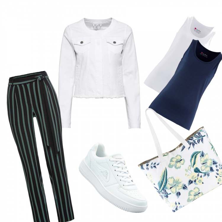Outfit donna - Total look #312232. Abbinamento con pantaloni capri, giacca twill bianco, canottiere, sneakers con plateau e lacci bianco, shopping bag bianco.