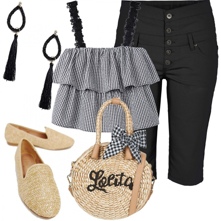Outfit donna - Lolita. Stile Basic per Tutti i giorni. Abbinamento con bermuda, borsa a tracolla beige, top, scarpe, orecchini pendenti farfalla con nappine nero.