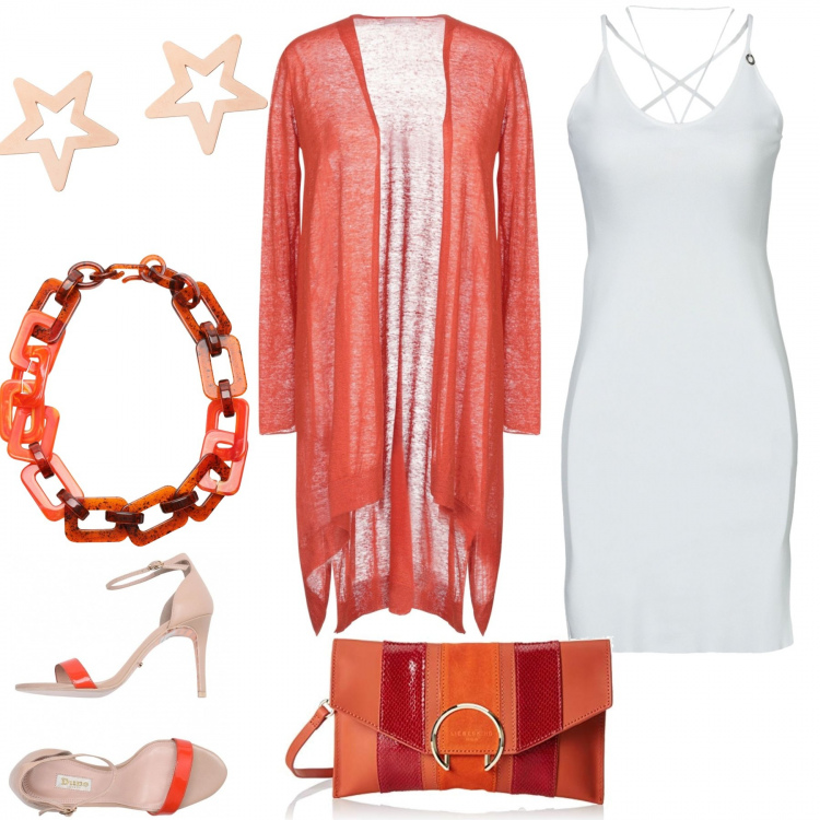 Outfit donna - Apericea in una fresca serata estiva. Stile Trendy per Serata fuori. Abbinamento con pullover lavorato a maglia scollatura profonda a maniche lunghe tinta unita, vestito corto a tubino lavorato a maglia scollatura profonda senza maniche tinta unita, collana, sandali fantasia effetto vernice con cinturino e punta tonda in pelle sintetica, orecchini, shopping bag arancione.