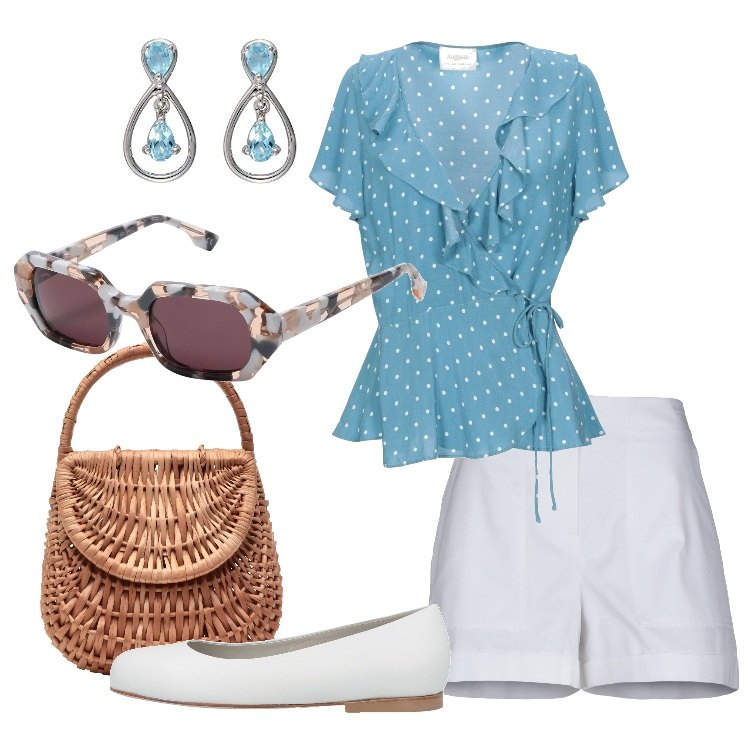 Outfit donna - Shorts e blusa a pois. Stile Bon Ton per Tutti i giorni. Abbinamento con blusa a pois scollatura profonda a maniche corte, occhiali da sole, borsa a mano con manico taglia media interno sfoderato tinta unita, ballerine con punta tonda tinta unita, pantalone navy, orecchini.