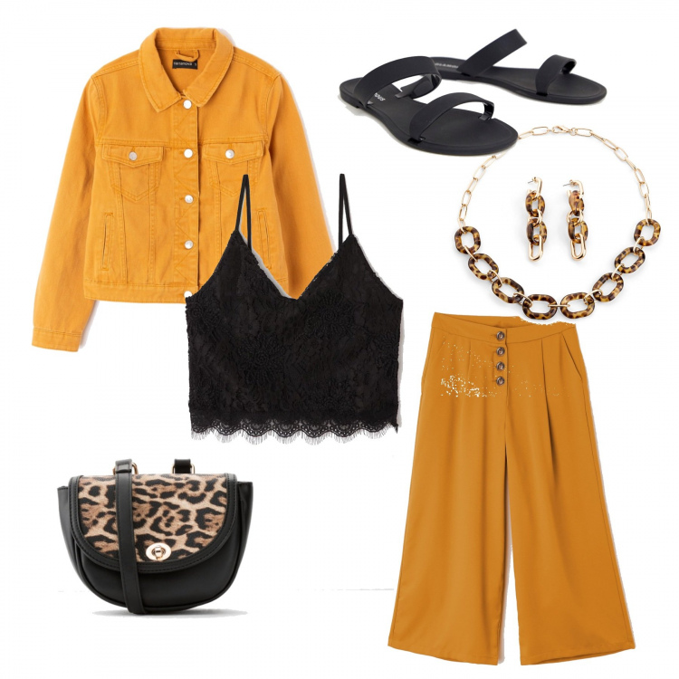 Outfit donna - Co-ords con animalier. Stile Trendy per Tutti i giorni. Abbinamento con bluse, vestiti lunghi, pantalone, top con pizzo collo a v crop nero, giacca jeans crop giallo, sandali con fasce nero.