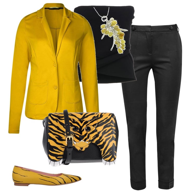 Outfit donna - Felina. Stile Trendy per Serata fuori. Abbinamento con ballerine fantasia a punta, top con drappeggio scollatura profonda senza maniche con fasce jersey, borsa a tracolla mini fantasia in pelle martellata, blazer giallo, pantalone nero, collana in sterling 925 argento.