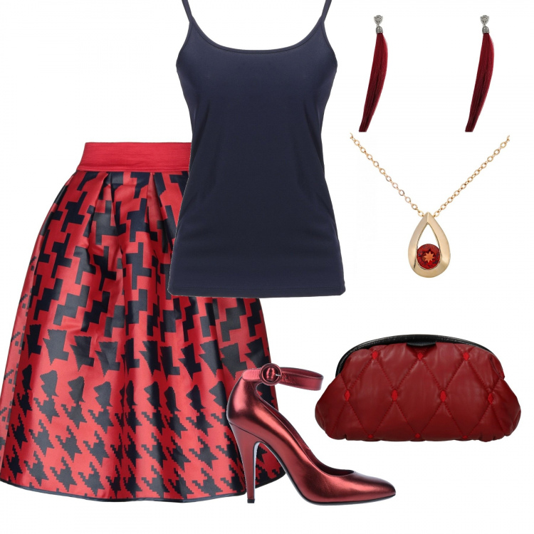 Outfit donna - Serata wow. Stile Bon Ton per Serata fuori. Abbinamento con gonna longuette pied de poule con zip interno sfoderato con tasche, top collo tondo jersey, décolleté, orecchini a clip in ottone, pochette, collana.