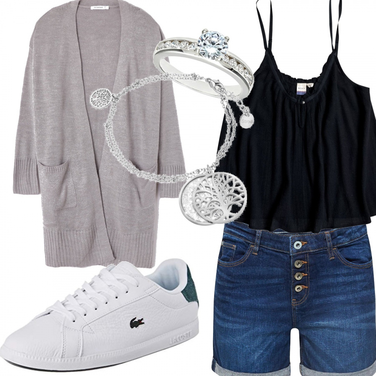 Outfit donna - Fuori città. Abbinamento con cardigan melange con tasche grigio, top nero, pantalone corto, bracciale, anelli, sneakers bianco.