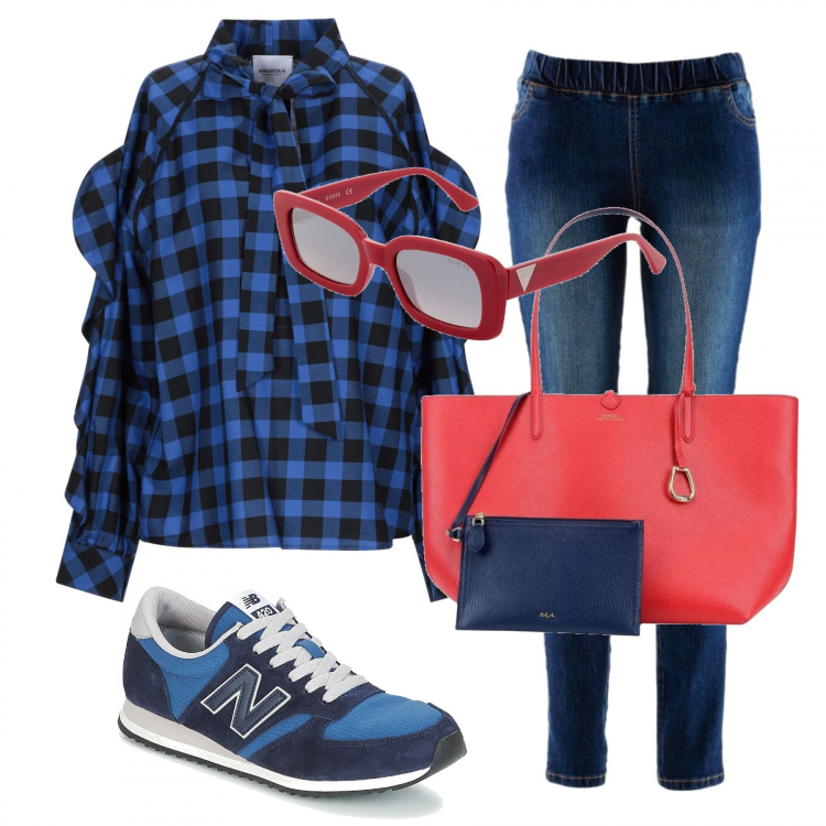 Outfit donna - Trendy #20660. Stile Trendy per Tutti i giorni. Abbinamento con treggings, blusa con fiocco senza tasche a quadri con ruches a maniche lunghe in cotone con polsini, occhiali da sole lenti a specchio montatura in plastica, borse a mano, sneakers.