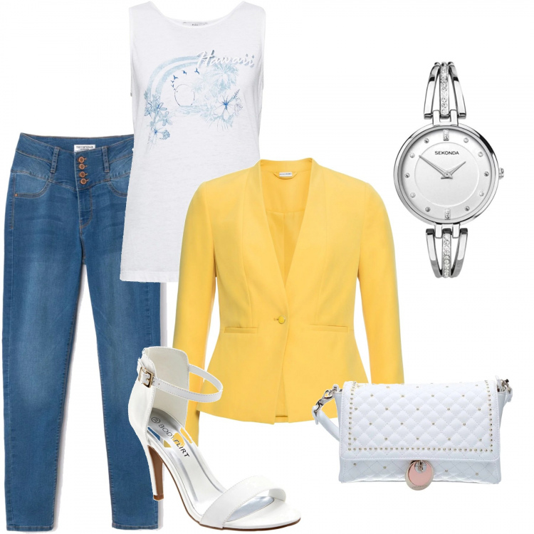 Outfit donna - Colloquio di lavoro. Stile Trendy per Ufficio. Abbinamento con blazer, sandali con cinturino e tacco alto bianco, jeans skinny in denim con bottoni blu, borsa a tracolla bianco, vestaglia bianco, orologi.