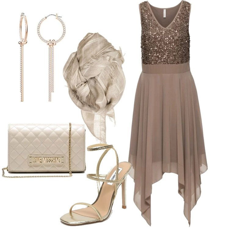 Outfit donna - Cerimonia a settembre. Stile Chic per Cerimonia. Abbinamento con vestiti, foulard, borsa a tracolla in ecopelle bianco e avorio e beige e oro, sandali con punta quadrata oro, orecchini.