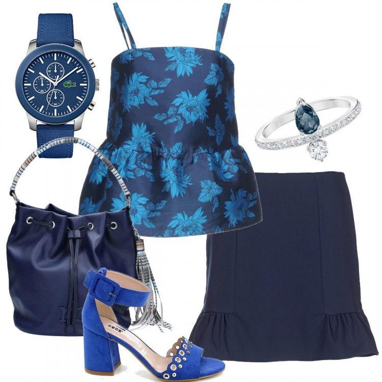 Outfit donna - Balloons blue. Stile Bon Ton per Serata fuori. Abbinamento con top, scarpa, borsa a tracolla blu, minigonna, anello coordinato azzurro e blu, orologi.