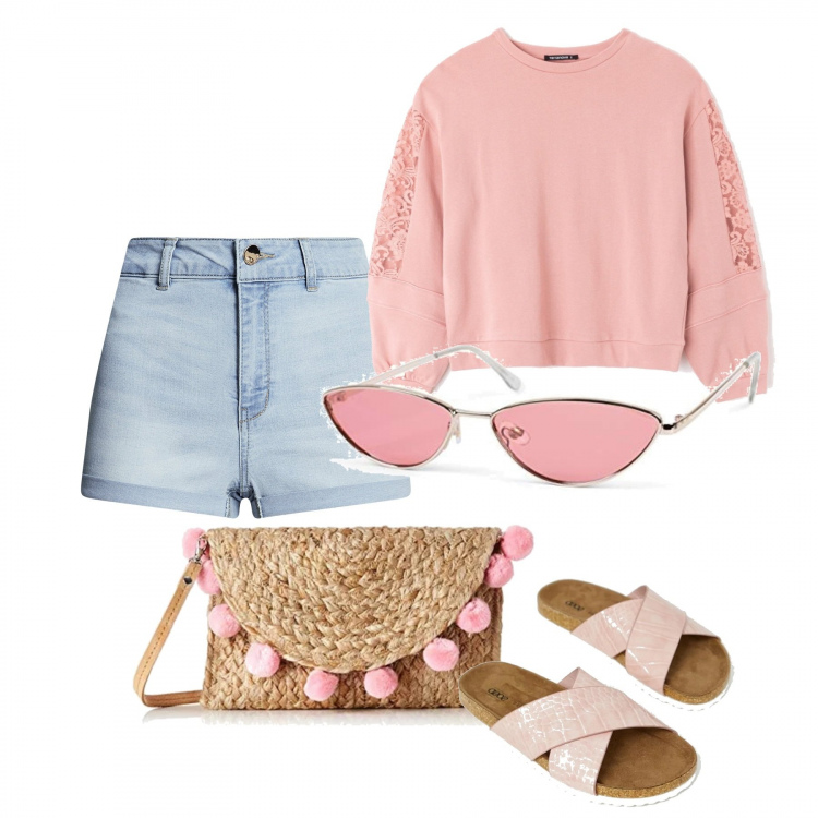 Outfit donna - Amabilmente casual. Stile Trendy per Tutti i giorni. Abbinamento con felpa con pizzo girocollo tinta unita rosa, sliders a zampa con fasce, borse a tracolla, shorts, occhiali da sole lenti sfumate rosa.