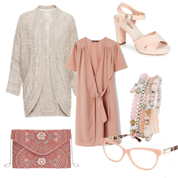 Outfit donna - Il cardigan per la sera. Stile Chic per Serata fuori. Abbinamento con cardigans, braccialetti, maglieria, vestito, sandali, montatura occhiali nero.