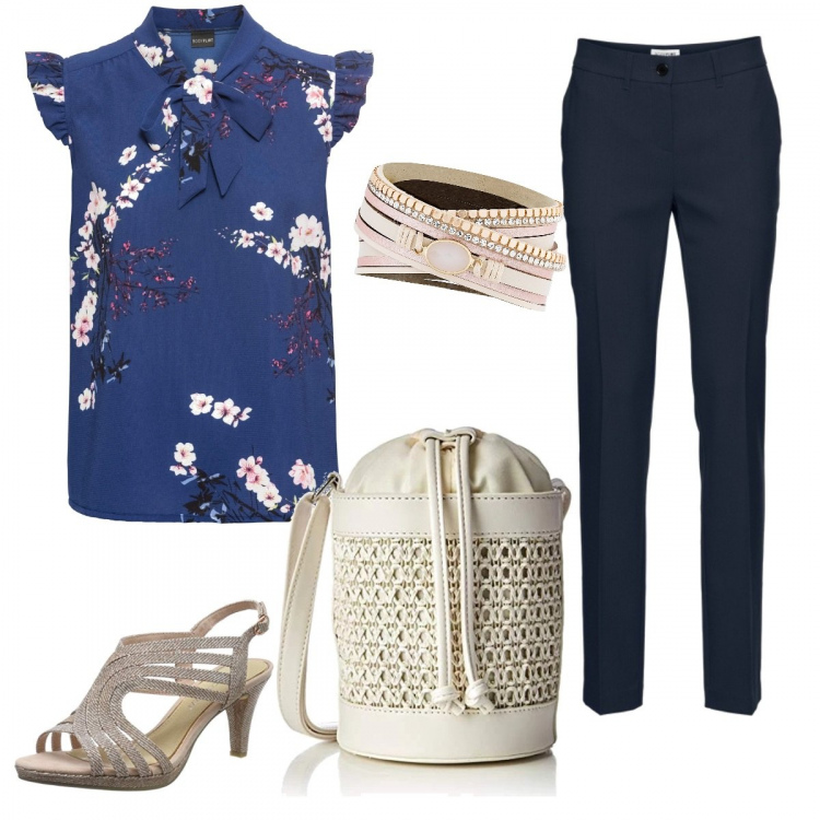 Outfit donna - Curvyin blu. Stile Chic per Tutti i giorni. Abbinamento con pantaloni, bluse, braccialetti, zaino bianco, sandali.