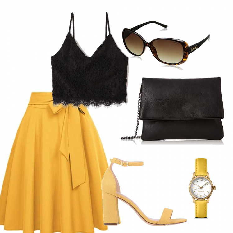 Outfit donna - Co-ords. Stile Trendy per Tutti i giorni. Abbinamento con sandali col tacco, top con pizzo collo a v crop nero, gonne longuette, corpo, braccialetti, occhiali da sole.