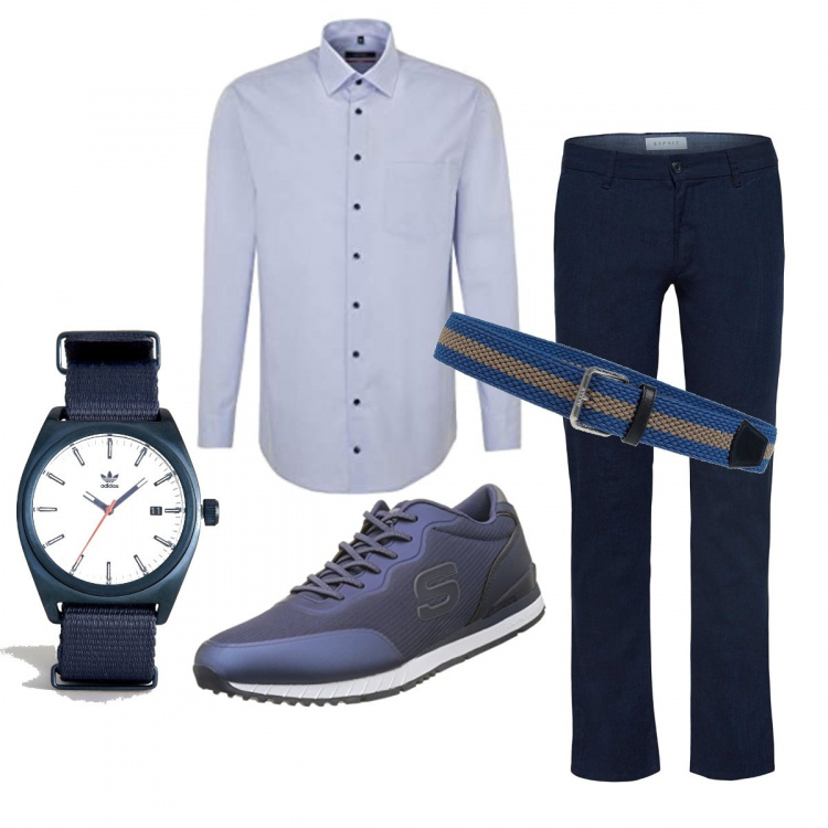 Outfit uomo - Il rientro in ufficio. Stile Casual per Ufficio. Abbinamento con cintura fantasia con fibbia, scarpe running navy, pantalone navy, camicia, orologio sport con cinturino navy.