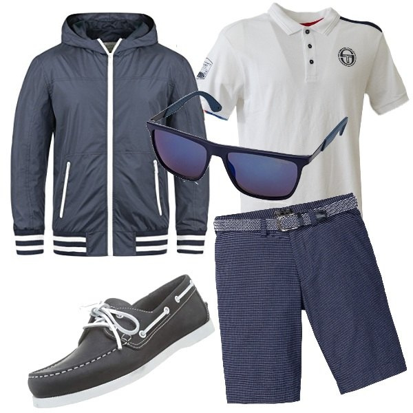 Outfit uomo - Giro in barca a vela. Stile Trendy per Sport. Abbinamento con t-shirt e polo bianco, giacca, camicie, scarpe blu, occhiali da sole blu.