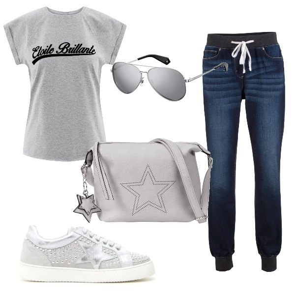 Outfit donna - Urban chic #curvystyle. Stile Trendy per Tutti i giorni. Abbinamento con jeans boyfriend, vestiti asimmetrici, sneakers bianco, t-shirt, occhiali da sole argento.