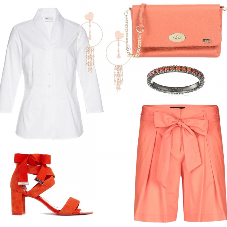 Outfit donna - Outfit coi fiocchi. Stile Bon Ton per Tutti i giorni. Abbinamento con camicie, borsa a tracolla mini effetto martellato a scatto interno foderato tinta unita, orecchini con perline e farfallina in oro rosa, shorts, anello argento e arancione e nero, sandali effetto scamosciato con tacco largo collo aperto con zip.