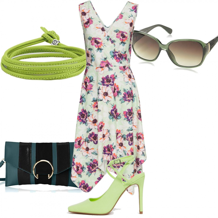 Outfit donna - Green summer. Stile Trendy per Serata fuori. Abbinamento con vestito a portafoglio fantasia floreale con scollo verde, occhiali da sole verde, scarpe petite con tacco spillo e punta quadrata verde, bracciale argento, borse a mano.