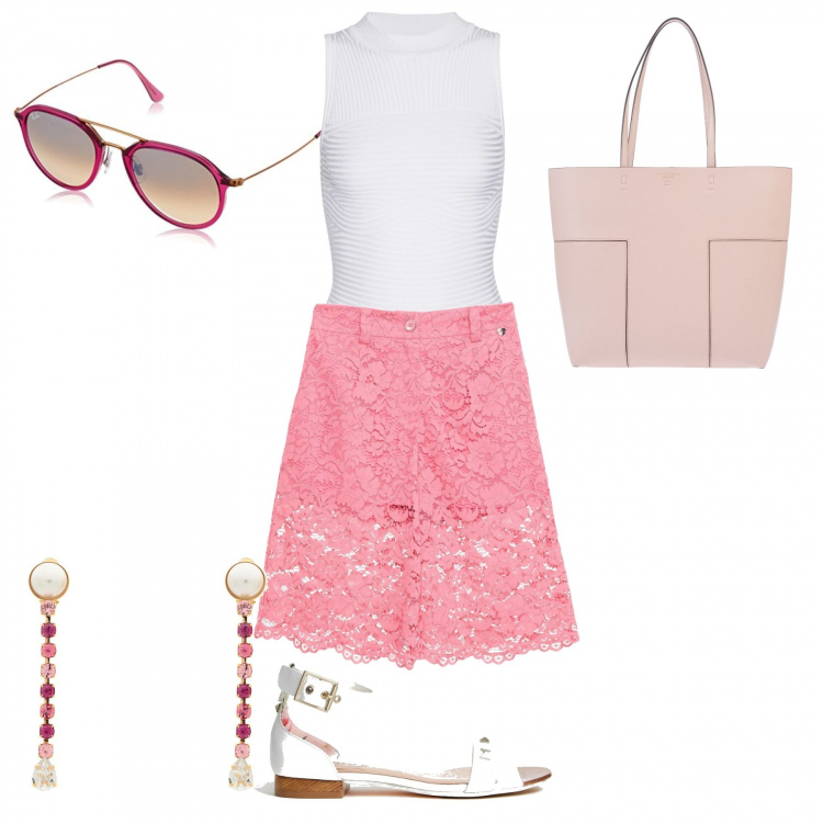 Outfit donna - Candy. Stile Bon Ton per Tutti i giorni. Abbinamento con top, pantaloni corti e shorts, borsa taglia media doppio manico tinta unita, orecchini a clip in ottone, montatura occhiali unisex-adulto rosa, sandali con fiocco e borchie collo aperto suola piatta.