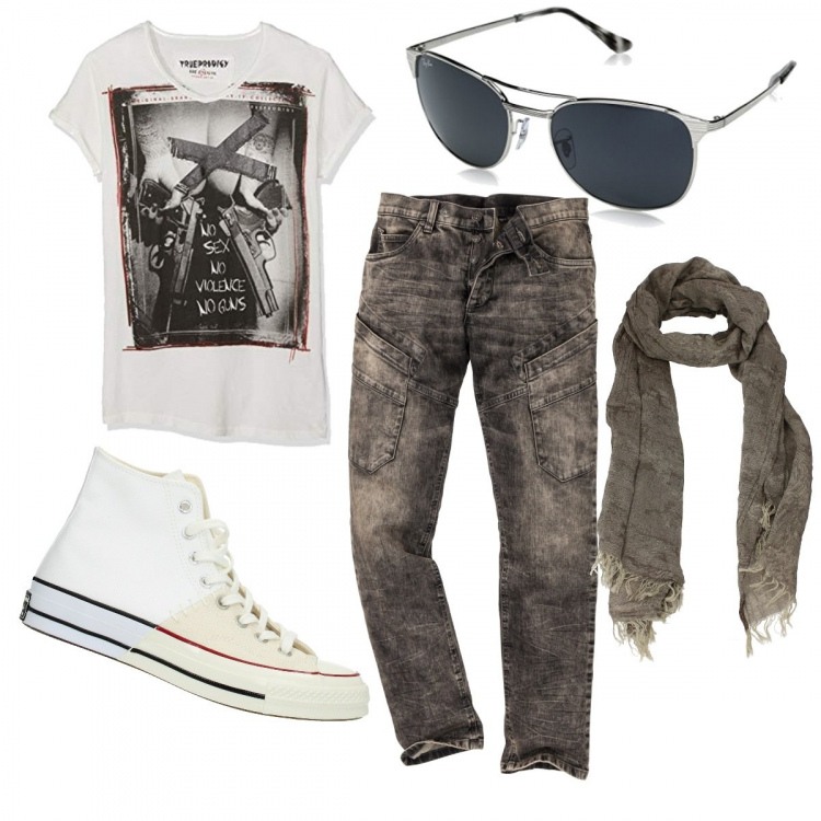 Outfit uomo - Free time. Stile Trendy per Tutti i giorni. Abbinamento con foulard con stampa e frange verde, sneakers, t-shirt con stampa a maniche corte bianco, reggiseni, occhiali da sole unisex-adulto argento.