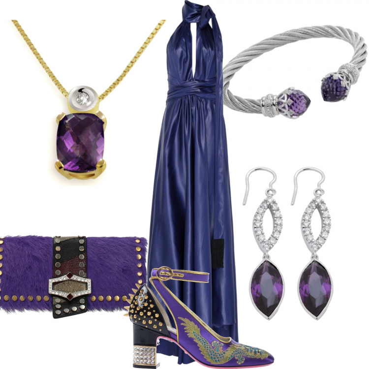 Outfit donna - Get the look Paola Turani. Stile Chic per Cerimonia. Abbinamento con vestito lungo con fiocco e frange senza maniche con zip interno sfoderato crêpe, décolleté, pochette con strass e borchie con tracolla removibile viola, orecchini, braccialetti, collana.