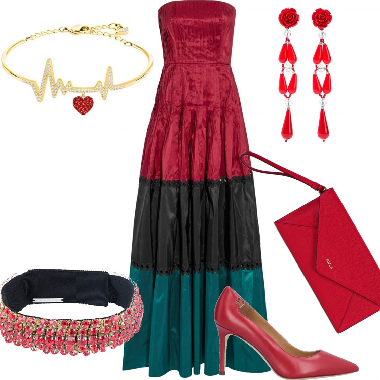 Outfit donna - Beauty. Stile Trendy per Cerimonia. Abbinamento con vestiti lunghi, décolleté a punta tinta unita, pochette, collana con strass, orecchini, bangle.