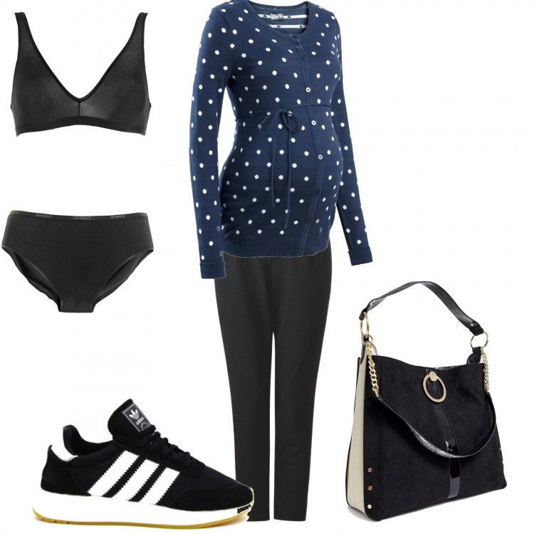 Outfit donna - Dolce attesa in comodità. Stile Basic per Tutti i giorni. Abbinamento con intimo coordinato tinta unita, maglieria, sneakers nero e bianco, maglia con anello e cinturino con manico nero, pantalone nero.
