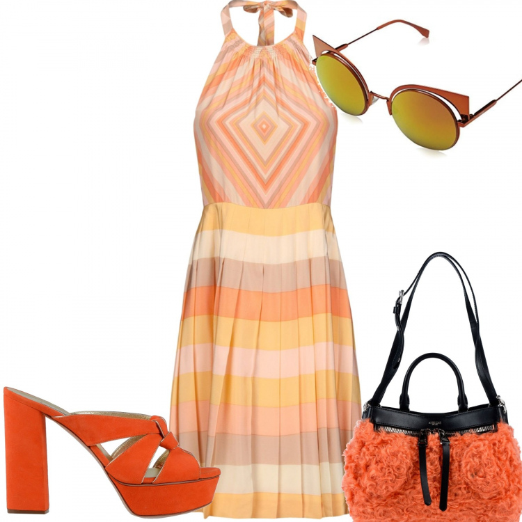 Outfit donna - Hola. Stile Trendy per Tutti i giorni. Abbinamento con vestiti corti, sandali effetto scamosciato con tacco squadrato e punta tonda tinta unita, borse a spalla, occhiali da sole arancione.