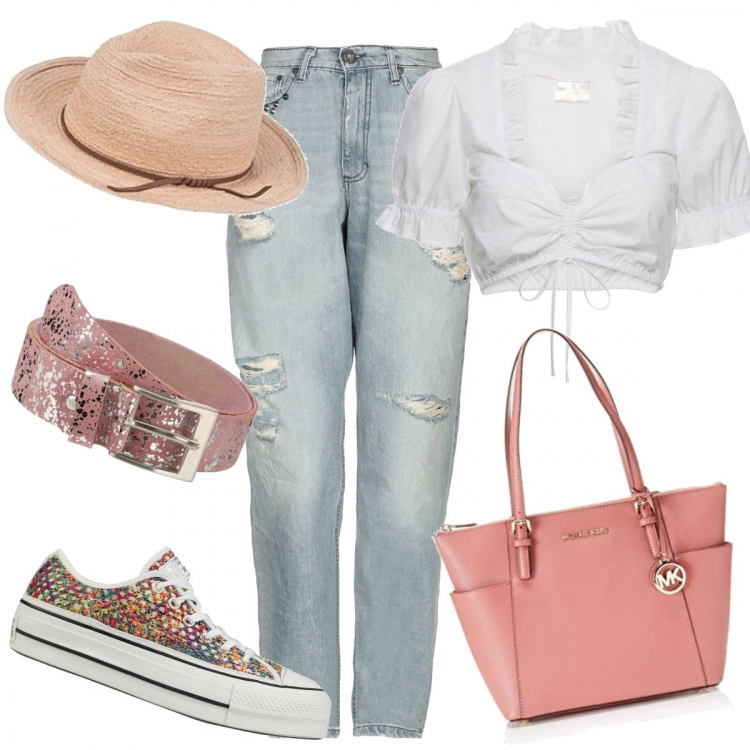 Outfit donna - Get the look Sarah Jessica Parker. Stile Trendy per Tutti i giorni. Abbinamento con camicie, sneakers, jeans delavé con zip in cotone tinta unita, borsa tote rosa, cappelli, cinture.
