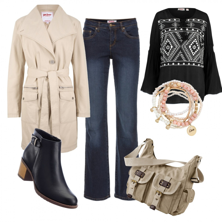 Outfit donna - Autunno in arrivo. Stile Urban per Tutti i giorni. Abbinamento con jeans dritti, braccialetti, trench grigio, tunica fantasia nero, stivaletti, borse a spalla.